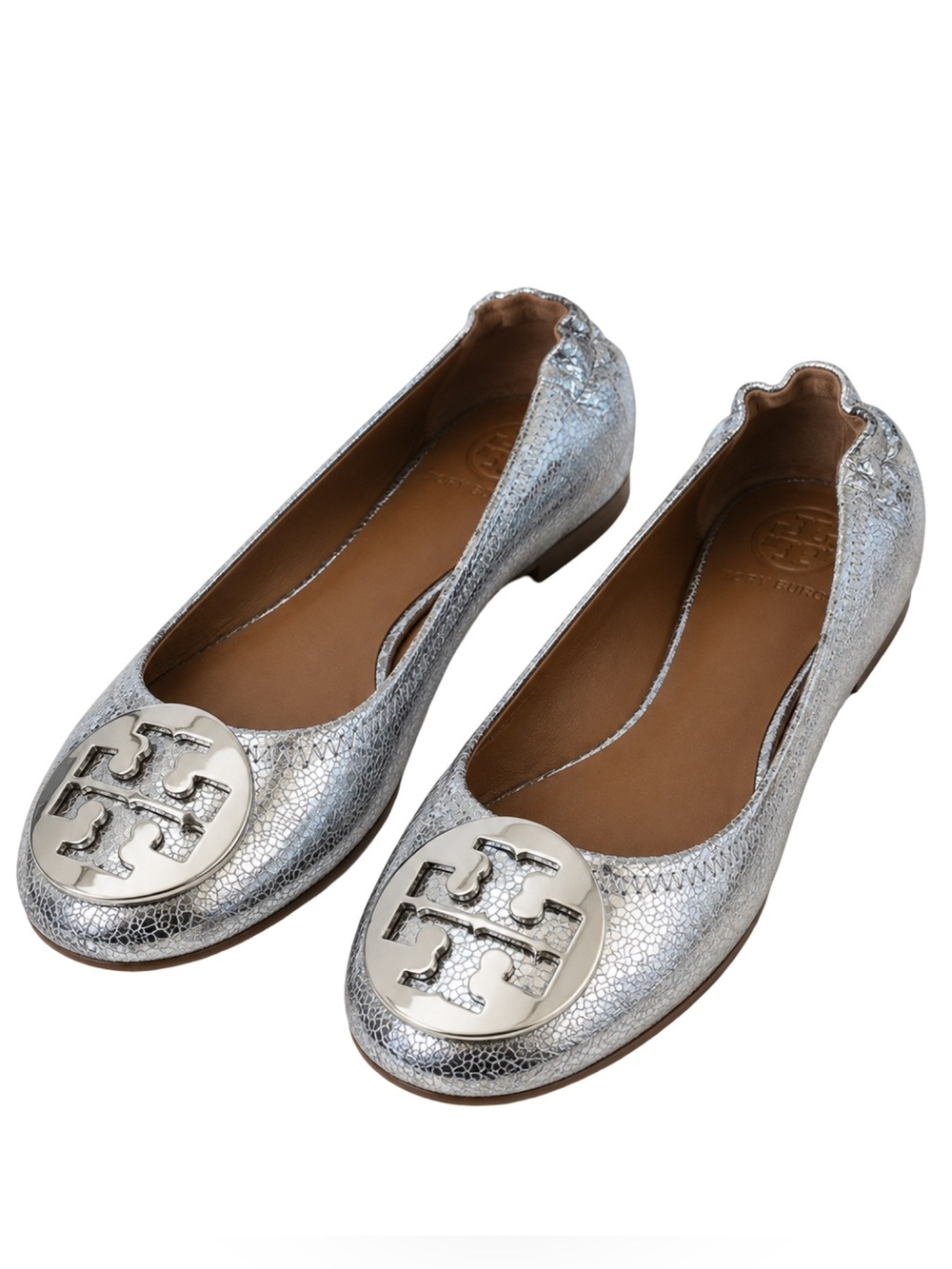 NEW Tory Burch Reva Silver Metallic Crackle Leather Ballet Flats Size 5 NWOB